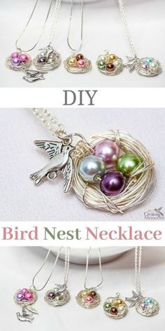 three different necklaces that have birds in the nest on them and one is filled with pearls