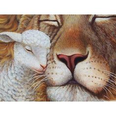 a painting of a lion and a lamb with their eyes close to each other's faces