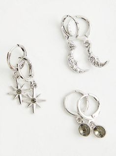 FIT . 75 - 1” each. MATERIALS + CARE Base metal. . Imported. DETAILS Pack of 3. . Silver tone finish. . Celestial charms. The best plus size women's celestial mini huggie charm trio - silver tone jewelry in multi. New Street Style, Winter Lookbook, Shopping Day, Accessories Jewelry Earrings, Bra Cups, Base Metal, Plus Size Clothing, Size Clothing, Plus Size Fashion