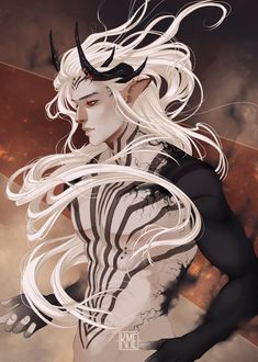 an illustration of a woman with white hair and horns on her head, standing in front of clouds