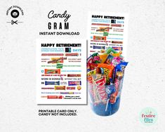 a candy bar poster with the text happy retirement on it and an image of some candies in a glass