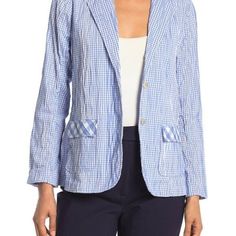 A breathable, cotton blended jacket with a heat set wrinkle detail and gingham printing offers a laid-back, chic style. - Notch collar - Long sleeves - Front button closure - Allover gingham print - Heat set wrinkle detail - 2 front flap patch pockets - Back vent - Approx. 26" length - Imported Pink Jacket Blazer, Checkered Jacket, Blazer And Skirt, Check Fabric, Pink Blazer, Notch Collar, Fitted Blazer, Long Sleeve Blazers, Gingham Print