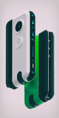 three cell phones are stacked on top of each other in different colors and shapes,