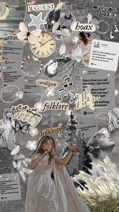 a collage of images and words with a woman in a white dress on the ground