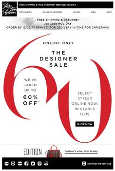 an email ad for the designer's sale is shown in red and white with black lettering