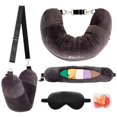 an assortment of items including eye mask, neck pillow and travel accessories are shown in this image