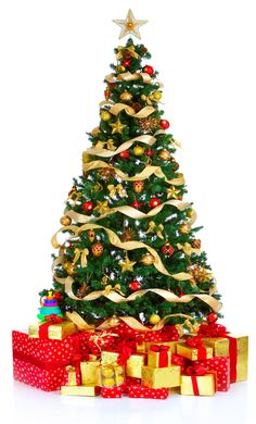 a christmas tree with presents under it on a green and blue polka dot background photo