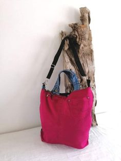 Stunning Fuchsia Pink Black Canvas & Jeans Bag - Etsy Pink Upcycled Bags For Everyday Use, Everyday Use Pink Upcycled Bags, Everyday Pink Upcycled Bags, Jeans Bag, Black Canvas, Black Pink, Shoulder Bag, Canvas, Pink