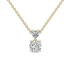 Metal Type - 14K Yellow Gold Center Stone Diamond Weight - 0.75 Ct, 1 Ct, 2 Ct, 3 Ct, 4 Ct, 5 Ct, 6 Ct Heart Shape Smaller Diamond weight - 0.50 Ct Diamond Clarity: VS1-VS2 Diamond Color: FG Chain Length - 16"  Number of stones- 2 The Carina pendant showcases the beauty of two mesmerizing stones, each gracefully suspended to create a harmonious composition. At the center of attention is a dazzling 0.50 carat heart shaped stone, delicately held in place by a claw prong setting. Creating a visually striking design, a slider gap separates the heart shaped stone from the bottom stone, cradled securely by four prongs. Surrounding the prongs is a classic gallery, gracefully stretching down to the bottom of the pendant.  This excellent piece of jewelry can resonate with anyone's personal style an Gia Certified Diamond Necklace In Yellow Gold, Gia Certified Yellow Gold Diamond Necklace, Yellow Gold Gia Certified Necklace For Wedding, Gia Certified Yellow Gold Necklace For Wedding, Gia Certified Yellow Gold Necklace For Anniversary, Vs Clarity Round Cut Yellow Gold Diamond Necklace, Classic Yellow Gold Heart Cut Diamond Necklace, Formal Yellow Gold Diamond Necklace With Vs Clarity, 16 Number