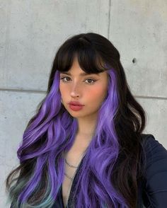 Dark Hair With Vivid Peekaboo, Purple Money Piece, Purple Underneath Hair, Purple Hair Ideas, Under Hair Color, Light Purple Hair, Black Wavy Hair