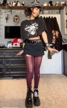 Feminine But Edgy Outfit, Mini Corset Outfit, Leather Skirt Rocker Outfit, Soft Alt Outfits Aesthetic, Grunge Pencil Skirt Outfits, Flare Jeans Outfit Alternative, Denim Shorts Tights Outfit, Band Shirt Skirt Outfit, Alternative Athletic Outfits