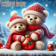 two teddy bears are hugging each other in front of snow covered trees and christmas decorations