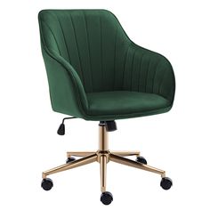 a green office chair with gold wheels and casteors on an isolated white background photo