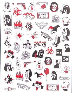 an assortment of stickers on a white sheet with black and red images in the background