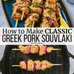 the cover of how to make classic greek pork souvlakki is shown