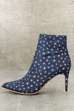 Khristyn Dark Blue Denim Star Print Ankle Booties 1 Casual Fitted Boots With Pointed Toe, Fitted Casual Boots With Pointed Toe, Casual Round Toe Fitted Heels, Casual Fitted Heels With Round Toe, Casual Almond Toe Boots For Party, Casual Ankle-high Fitted Heels, Ankle-high Fitted Casual Heels, Casual Party Boots With Padded Ankle, Fitted Ankle-high Casual Heels