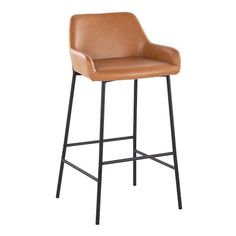 a brown leather bar stool with black metal frame and footrests on an isolated white background