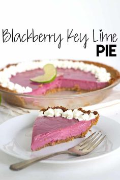 a slice of pie on a plate with a fork next to it and the text blackberry key lime pie