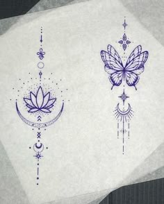 two designs on white paper with blue ink, one has a butterfly and the other has a crescent