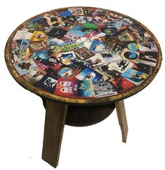 a round table with many different pictures on the top and bottom, sitting in front of a white background