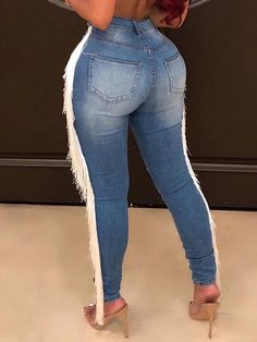 Distressed Fringe Jeans – InsStreet Fringe Jeans, Tassels Fashion, Distressed Denim Jacket, Cargo Jeans, Sell Out, Hip Length, Distressed Denim, Style Fashion, Dark Blue