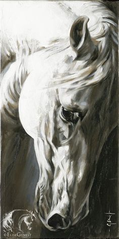 a painting of a white horse in black and white