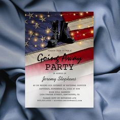 Patriotic military party invitation to celebrate a soldier going away on national service, or to celebrate them coming home. Featuring a red, white and blue flag, marine troop boots, string lights, and a modern party template. Deployment Party, Camp Party, Gala Invitation, Military Party, Navy Party, Army Party, Marine Decor, Farewell Party