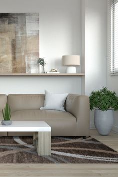 a living room with a couch, coffee table and potted plant on the floor