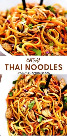 two pictures showing different types of noodles with the words easy thai noodles above them