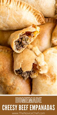 homemade cheesy beef empanadas with text overlay