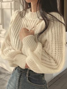 Women's Casual Solid Color Lantern Sleeve Cropped Sweater, Autumn/Winter Beige Casual  Long Sleeve Knitwear Plain Pullovers High Stretch  Women Clothing, size features are:Bust: ,Length: ,Sleeve Length: Lantern Sleeve Sweater, Winter Knitwear, Crop Pullover, Pullover Outfit, Cropped Pullover, Sleeve Women, Women Sleeve, Beige Sweater