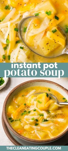 two bowls of instant pot potato soup with text overlay