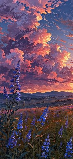 a painting of purple flowers in the foreground and a pink sky with clouds above