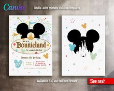 two mickey mouse birthday cards with the words disneyland on them and fireworks in the background