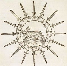 an old drawing of a cross with swords in the middle and jesus's head on it