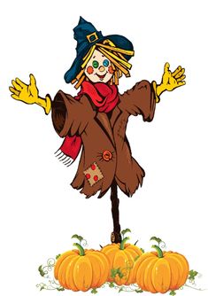 a scarecrow standing on top of pumpkins with her arms out in the air