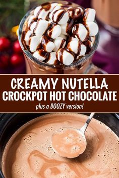 creamy nutella crockpot hot chocolate in a crock pot with marshmallows on top