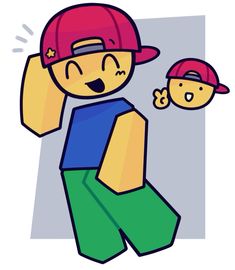 a drawing of a person with a baseball cap and green pants, holding his head in one hand