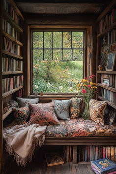 a window seat with pillows and blankets on it in front of a book shelf filled with books