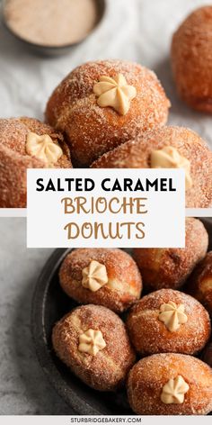 baked breaded caramel brioche donuts in a bowl with the words salted caramel on top