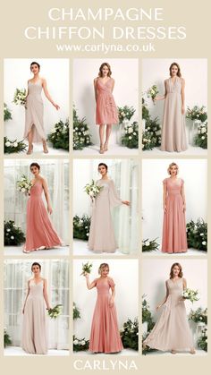 a collage of photos showing different styles of bridesmaid dresses and gowns