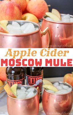 an apple cider moscow mule is served in copper mugs with ice and apples