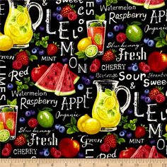 a black background with fruit and drinks on it