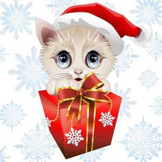 a white kitten wearing a santa hat and holding a red gift box with snowflakes on it