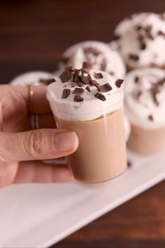 a person is holding a cup of coffee with whipped cream and chocolate chips on top