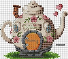 a cross stitch pattern of a teapot with flowers on it