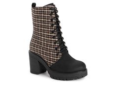 Experience superior style and comfort in MUK LUKS® Women's Riser Jazz Heeled Boots. This classic heeled boot will have you feeling and looking good in any outfit with comfy memory foam insoles and fun patterns. Wipe with damp cloth. Do not bleach. Lay flat to dry. Imported. Durable 100% TPR Sole. 80% Polyurethane, 20% Acrylic Upper. 100% Polyester Faux Fur Lining. 100% Polyester Faux Fur Insole. Multiple Pattern Options. 3.35” Block Heel. Lace Up Look. Zip up closure. Memory Foam Insole. Multipl Lace Up Heel Boots, Womens Combat Boots, Fun Patterns, Block Heel Shoes, Round Toe Heels, Looking Good, Lace Up Heels, Dress And Heels, Lace Boots