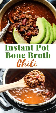 instant pot bone broth chili with avocado on top and in the middle