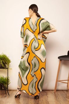 Ivory and yellow batwing sleeves front knotted asymmetric kaftan with all over ripple dream print. - Aza Fashions Kaftan Pattern, Kaftan For Women, Satin Color, Batwing Sleeve, Bat Wings, Aza Fashion, Types Of Sleeves, Custom Made, Satin