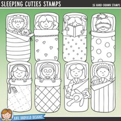 the sleeping cuties stamps are designed to look like they have been made with children's drawings